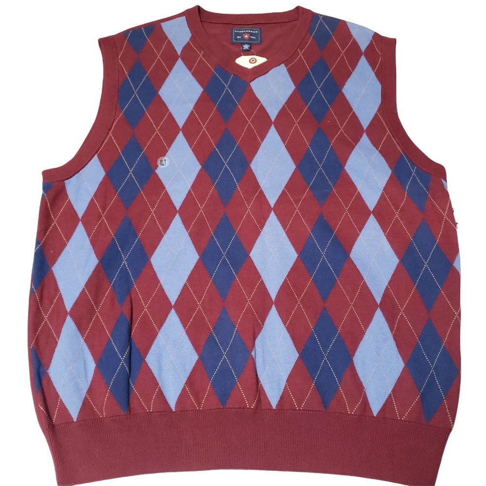 Saddlebred Sweater Vest Argyle V-Neck XLT Big & Tall Red Blue Cotton